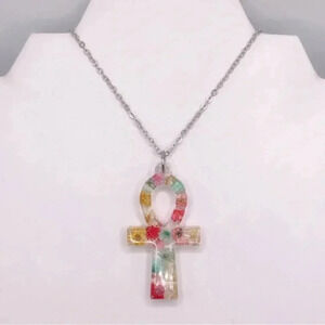 Handmade Real Colorful Dried Flowers Ankh Rectangle Prairie Silver Necklace